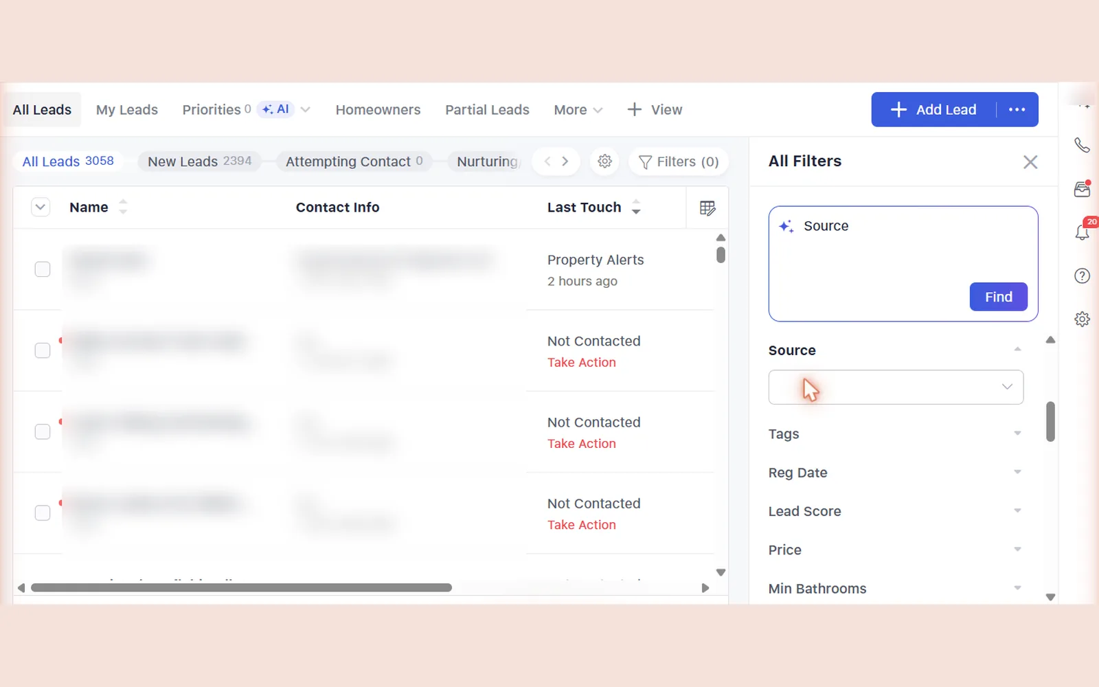 Lofty CRM with 3,058 leads, names blurred