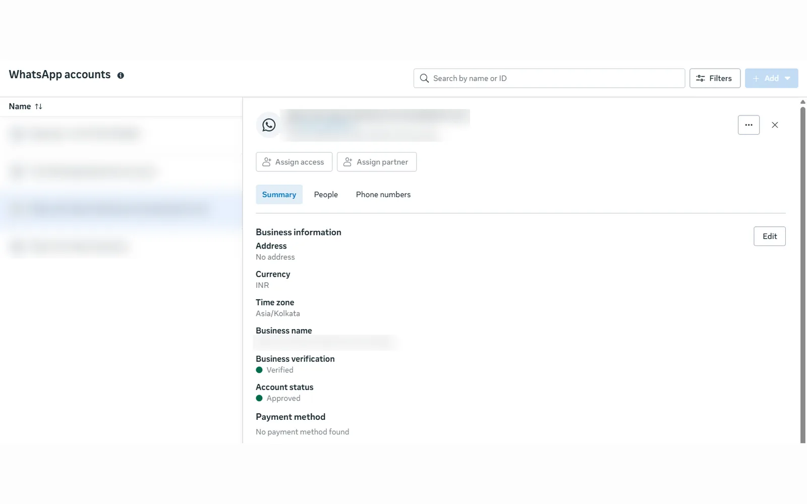 Meta Business WhatsApp account with business verification Verified and account status Approved, names blurred