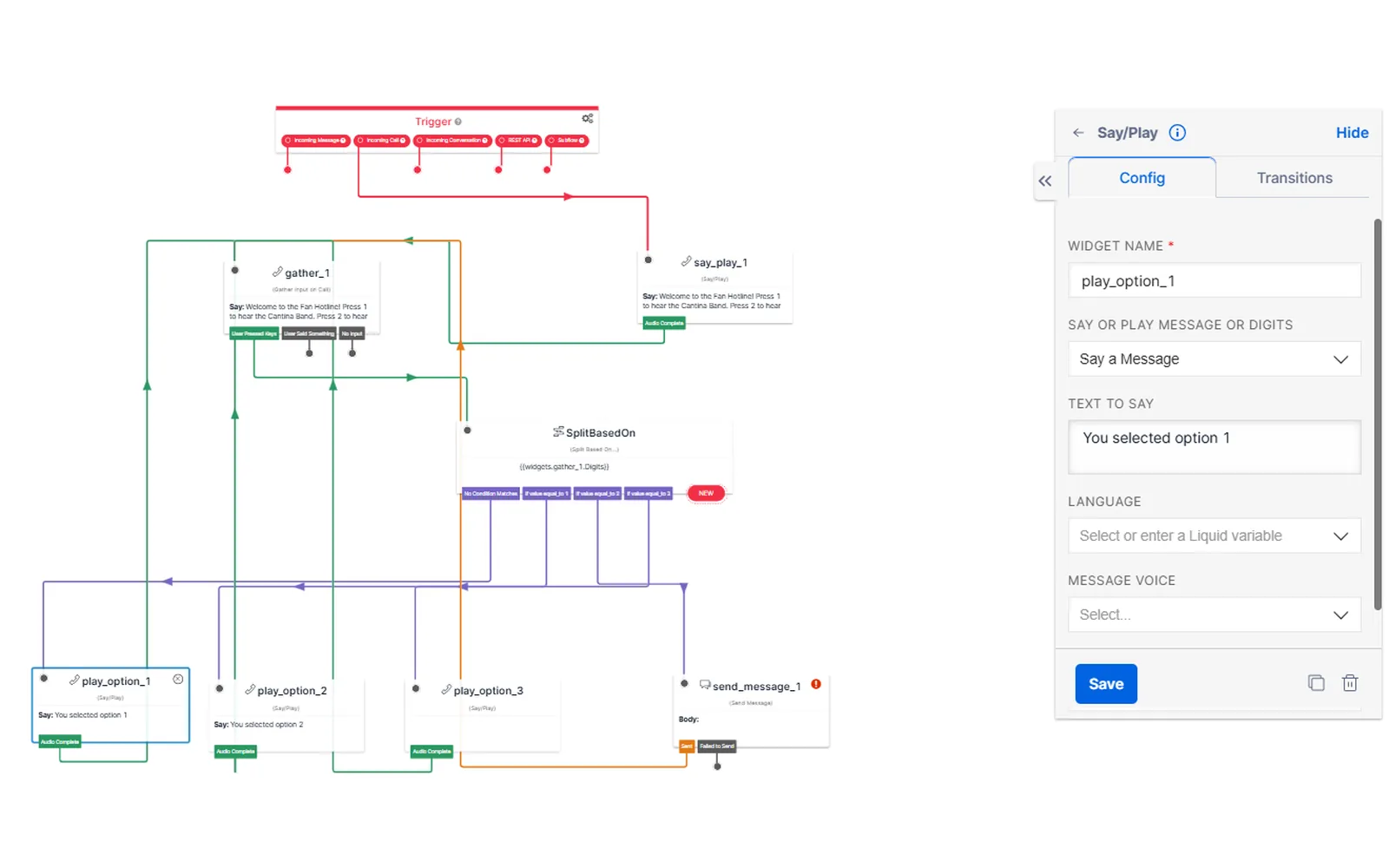 Twilio Studio call flow where callers press a key to hear an option
