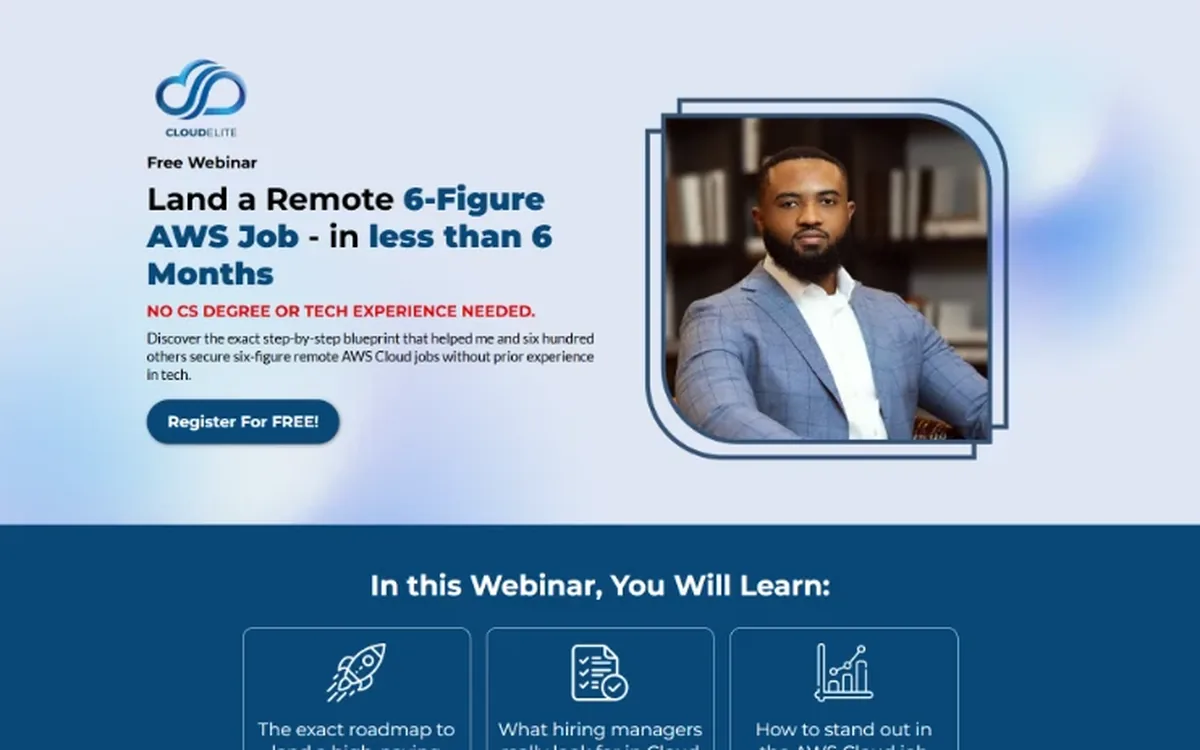 Free webinar registration page for an AWS career training company